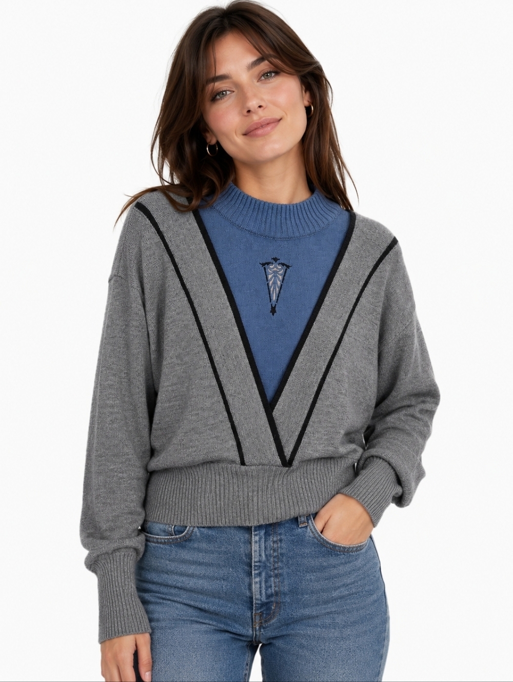 Micheline Boucher Colorblock Knit Sweater Gray Blue Mock Neck Vintage Y2K Size M